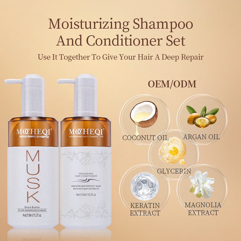 MOCHEQI Private Label Natural Orgânico Nutritivo Hidratante Suavizante Conjunto de shampoo e condicionador para cuidados com os cabelos para uso em salão de beleza